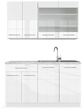 Vicco Singleküche Fame-Line, Weiß Hochglanz/Weiß, 140 cm | 4 Module · Höhenverstellbare Füße · Ohne Arbeitsplatte · MDF-Fronten · Softclose · Metallgriffe