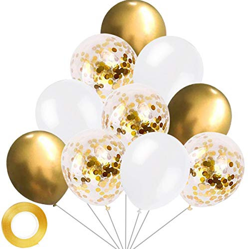 Yiran Lot de 30 ballons à confettis en latex avec 1 ruban pour fêtes d'anniversaire, mariages, anniversaires de mariage et décorations de fête - Blanc et doré - 30,5 cm