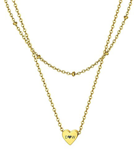 ChainsHouse personalisierte Layering Kette, Damen Frauen Doppelte Kette mit Herz Anhänger goldene Herz Halskette für Freundin Ehefrau Tochter