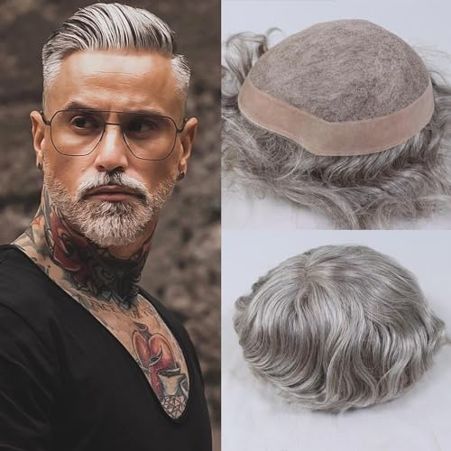 HAPPY&CC Grey Hair Toupee For Men Mens Toupee Human Hair Replacement System 8x10inch 20% #5 Real Human Hair With 80% Gray Hair Piece For Men Fine Mono With Npu Male Toupee