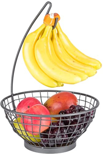 Fruit Basket Bowl with Banana Tree Hanger, for Kitchen Counter and Dining Table, Black