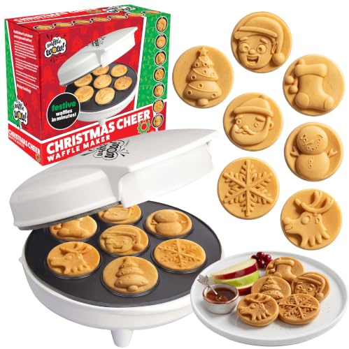Waffle Maker de Alegría Navideña - Prepara un desayuno especial de Navidad con panqueques o gofres lindos para niños y adultos - Plancha eléctrica antiadherente, presenta muñeco de nieve, Santa y más