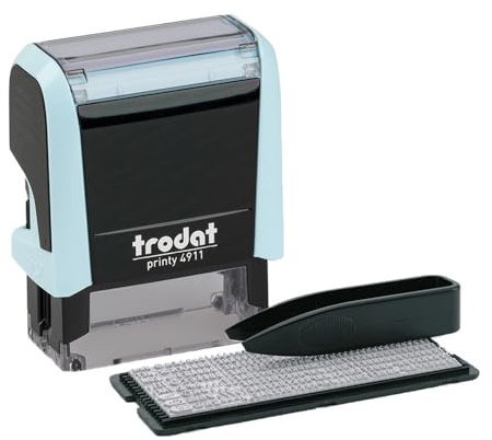 Trodat Printy 4911 - Set di timbri in blu pastello, 3 righe di testo, impronta 38 x 14 mm, tedesco, con pinzette, tampone nero e set di lettere e numeri in taglia unica