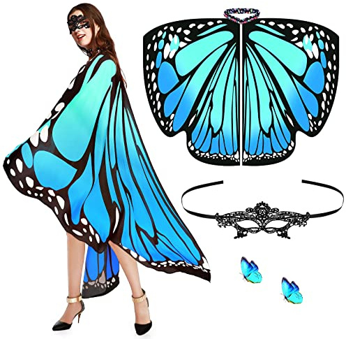 Aomig Schmetterling Kostüm Damen 3Pcs Schmetterlingsflügel Erwachsene Frauen mit Maske Haarreif Bunter Schmetterling Umhang Flügel Nymphe Pixie Kostüm für Halloween Party Weihnachten Cosplay Karneval