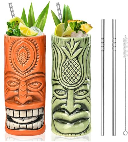 SuproBarware Tiki Mugs Set Hawaiian Party Ceramic Cocktail Mugs Set of 2 Cups for Exotic Party