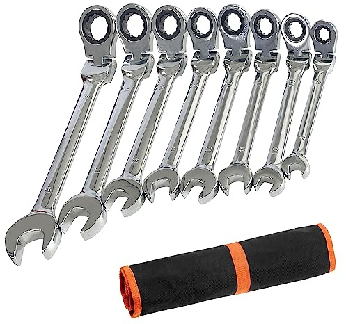 Socpuro 8 Piece Flex-Head Ratcheting Combination Wrench Set, 8-19mm Metric Chrome Vanadium Steel Spanner, Gear Ring Ratchet Wrenches with Rolling Pouch