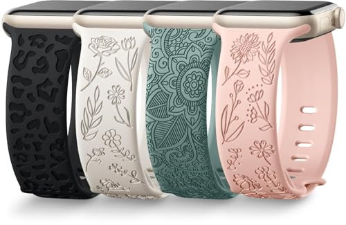 Upeak 4 Pack Bracelets Gravés Compatible avec Bracelet Apple Watch 40mm 41mm 38mm Femme, Silicone Fleurs Mignonnes Léopard, Band Sport pour Bracelet iWatch Ultra SE Series 9 8 7 6 5 4 3 2 1, Set A
