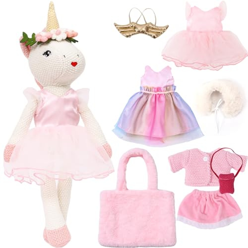 Tacobear Einhorn Puppe Mädchen 3-8 Jahre Einhorn Kuscheltier Doll Stofftier Plüschtier mit 3 Outfits Flügel Tasche Kinder Spielzeug Geschenk für Mädchen