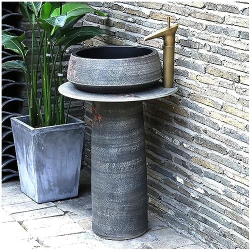 ZTGL Kaolin Keramik-Waschbecken Vintage, Freistehender Waschtisch Säulenwaschschüssel Standwaschbecken mit Wasserhahn und Abfluss, für Bars, Hotels und Andere öffentliche Orte,Without Mirror