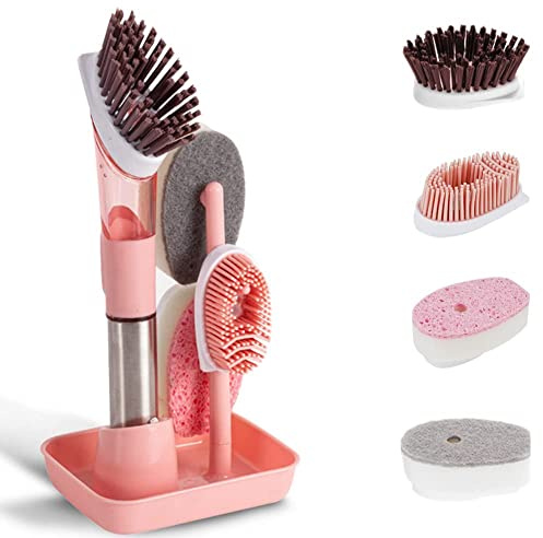 KJKVIVH Dish Cleaning Brush-Soap Dispensing Dish Brush Set & 4 Replacement Heads Storage Holder for Dish Pot Pan Sink-Pink