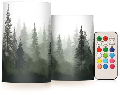 GUIJI Pine Trees Flameless Candles with Remote - Set of 2 Battery Operated Pillar Candles for Home Decoration, Christmas, Party