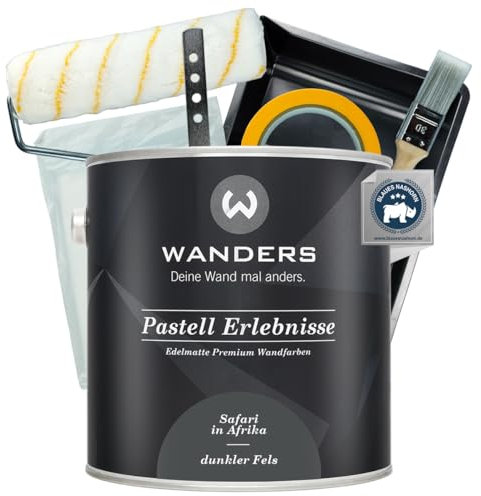 Wanders Pastell Erlebnisse Wandfarbe 2,5L (dunkler Fels, Grau) inkl. Streichset Basic – Premium Kreidefarbe, Leichte Anwendung, Hochdeckend, Ultramatt, Perfekt für Heim-DIY