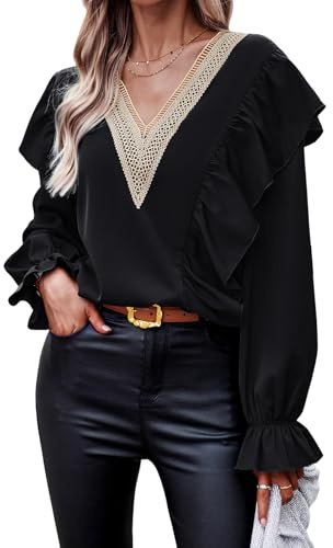 Atxnn Blusas Mujer Elegantes Camisa con Cuello en V Camisetas Boho Tops Manga Larga con Adornos de Encaje para Primavera Otoño, Negro Mediana