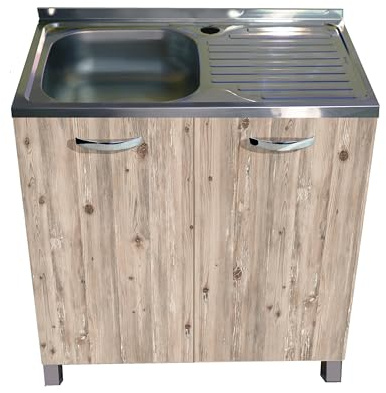 MABEL Mobile Sottolavello Cucina Node Organizer in Legno Nobilitato con Lavello da Appoggio in Acciaio Vasca a Sinistra con Gocciolatoio - L 80 cm x P 50 cm x H 83,5 cm