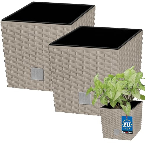 KOTARBAU® - Set da 2 vasi da fiori da 4 L, altezza: 17 cm, colore moka, vaso per piante in plastica con sottovaso, vaso da fiori per interno ed esterno come rattan