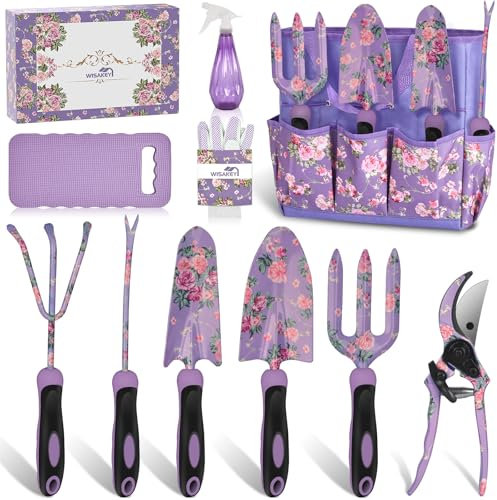 Gardening Tools, WisaKey 10 Piece Heavy Duty Purple Garden Tool Set Durable Garden Supplies Organizer Bag Garden Hand Tools Grandmother Granny for Woman Mothers