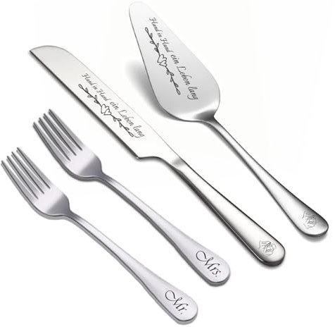 YUJUE Tortenheber inkl. Tortenmesser im Set mit Gravur mit Gabeln als Geschenk zur Hochzeit, Jahrestag, Geburtstag - Hochzeitsgeschenke für Brautpaare