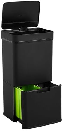WELL HOME MOBILIARIO & DECORACIÓN Papelera de reciclaje 62L (37L+25L), cubo de basura con 2 compartimentos, apertura automática con sensor, en acero inoxidable, negro