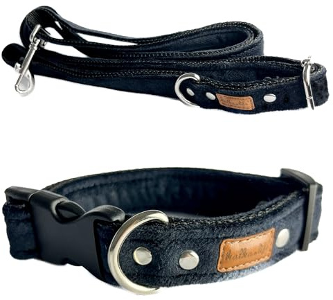 Hundehalsband und Leine Set, Doppellagiges Hundehalsband und Leine aus Samt, Verstellbares Halsband für Kleine Hunde Mittlere Hunde Große Hunde (Schwarz, S (Kunststoffschnalle))