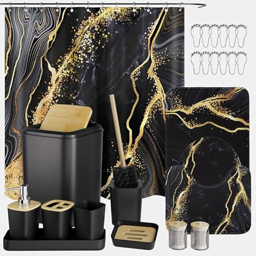 XLHOMO Bathroom Set Bathroom Sets with Shower Curtain and Rugs,Black Bathroom Accessories Set Waterproof Black and Gold Shower Curtain Set