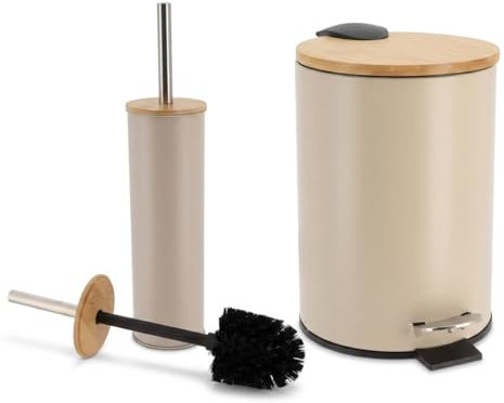LiKeKa® Badaccessoire-Set 2-teilig – Toilettenbürste & Kosmetikeimer mit Absenkautomatik für Bad & Gäste – Mattes Design & Bambusdeckel – Soft-Close-Technologie (Taupe)
