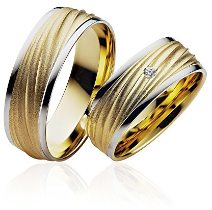 JC Trauringe Silber 925 Paarpreis Eheringe Gelbgold Weißgold Plattiert 6,5 mm breit I Partnerringe mit Gravur in edler Schatulle I 2 Hochzeitsringe Herrenring ohne & Damenring mit Steinen I PP907