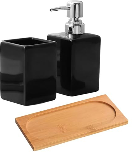 Badezimmer-Zubehör-Set, 3-teiliges Keramik-Badezimmer-Set, luxuriöses Badezimmerzubehör, inklusive 320 ml Flüssigseifenspender, Badezimmerbecher, Holztablett, Badzubehör-Set, Badezimmer-Dekor (schwarz