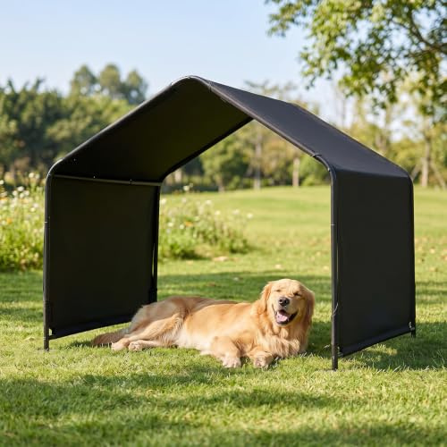 GYMAX Outdoor Dog Shade Shelter for Large Medium Small Animals | Pet House with Metal Frame, Ground Nails, Outside Sun Rain Canopy Tent for Dogs Cats Chicken Rabbits