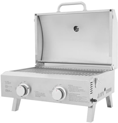 Fichiouy Tisch-Gasgrill aus Edelstahl, Tischgrill mit 2 Brennern, Klappbar & Tragbarer Tischgrill, Tisch-Gasgrill klein für Balkon & Camping
