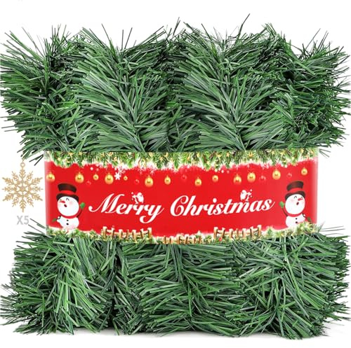 50FT Christmas Garland Christmas Decorations, Green Christmas Tree garland decor 5 Snowflakes, DIY Artificial Garland Holiday Outdoor Decorations for Stairs Railing, Fireplace, Staircase, Window, Door