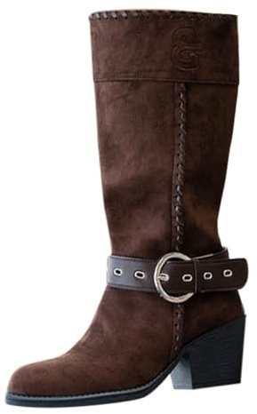 HOOUDO Botas Militares,Botas Mujer Altas Marrones Moda Cómoda Western Botines Mujers Media Botines Mujers Invierno de Piel Serraje con Plataforma Outdoor
