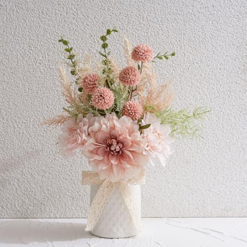 SUNNY BROOK Artificial Flowers in Ceramic Vase, Fake Dahlia & Dandelion Floral Bouquet with Ribbon Pot, Faux Silk Arrangement for Home Spring Décor Dining Coffee Table Centerpiece Decor, Pink