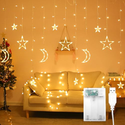 Kaleora Ramadan LED Lichterkette, 2,5m Sterne Mond Lichtervorhang, Nachtlichter Fenster Lichtervorhang mit Mond und Sterne, für Ramadan, Weihnachten, Partydekoration, Warmweiß