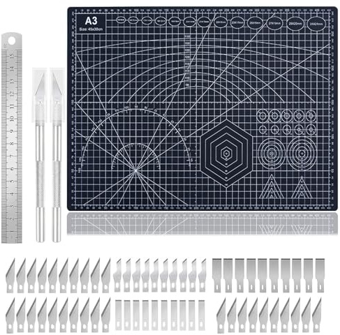 Cutting Mat A3 Set with Steel Ruler, Self Healing Craft Mat Art Mat for DIY, Paper, Sewing, Fabric, Quilting, Scrapbook (Black)