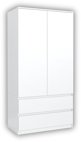 MebLocker Kleiderschrank 90 cm, 2 Schubladen und 2 Türen, Weiß | Schlafzimmer Wohnzimmer, Garderobenschrank, Schrank mit Stauraum, Schlafzimmermöbel 90x180x50 cm