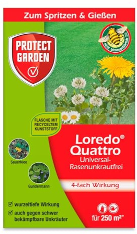 PROTECT GARDEN Universal-Rasenunkrautfrei Loredo Quattro Rasen-Unkrautvernichter gegen hartnäckige Unkräuter mit 4-fach Wirkung, 250 ml