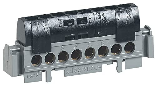 Legrand LEG92790 - Morsettiera di distribuzione fase con 8 morsetti, per cavi da 1,5 a 16 mm, nero