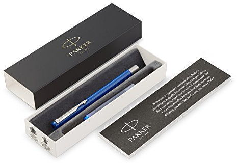 Parker Vector Fountain Pen | Blue with Chrome Trim | Fine Nib | Blue Ink | Gift Box