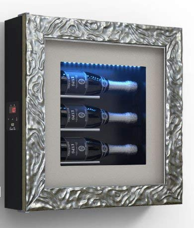 dafnedesign. com – Marco VINO – Expositor separados para tres botellas de horizontal. Estructura de metal. Estructura Puerta de aluminio. Marco de madera/HPL vetrocamera 20 mm. Junta magnético. Panel