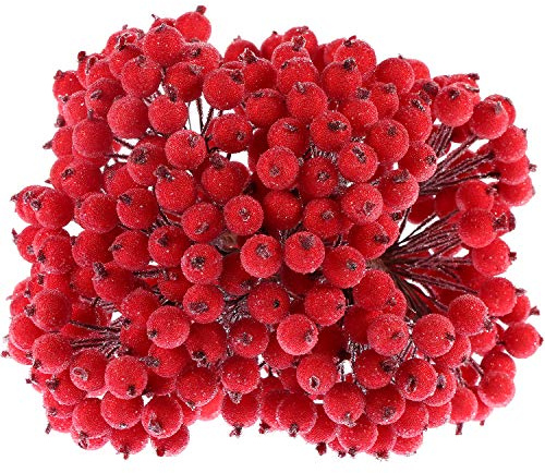 Tatuo Künstliche Bereifte Holly Beeren Gefälschte 12 mm Mini Weihnachten Frucht Beeren Blume Deko (Rot, 400)