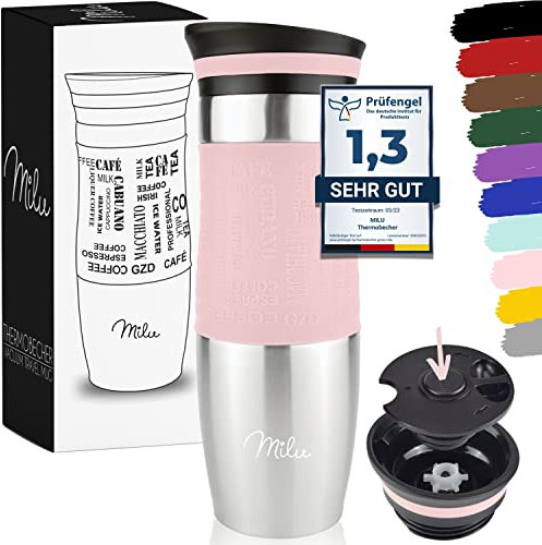 Milu Travel Mug 370ml 450ml - Insulated Coffee Cup to go - 100% Leak Proof - Stainless Steel Drinking Mug - Car Mug Double Wall Insulation Thermo Coffee Flask (Pink, 450ml)