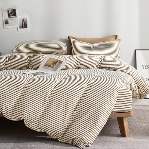 JELLYMONI 100% Natural Cotton 3pcs Striped Duvet Cover Sets,White Duvet Cover with Khaki Stripes Pattern Printed Comforter Cover,with Zipper Closure & Corner Ties(Queen Size)