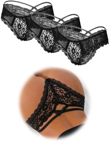 ohmydear Stringtrosa för kvinnor, 3-pack, med blommig spets, rosett och medelhög midja, M-L