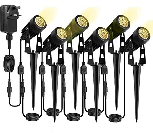 30m Garden Spotlights Mains Powered Waterproof 18W 6-Packs Garden Spike Lights 12V LED Garden Spot Lights Pathway Lighting IP65 Outdoor Electric Garden Uplighter Warm White with BS Plug for Path Yard