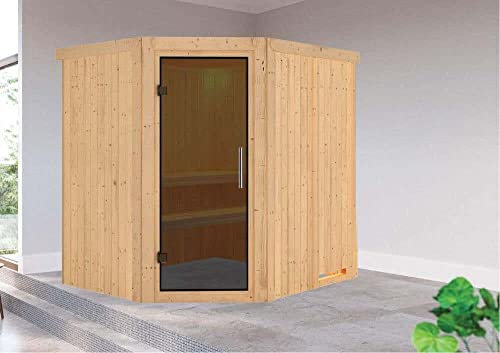 FinnTherm Innensauna Ria mit Eckeinstieg aus Holz Innensauna mit 68 mm Wandstärke Saunakabine Infrarotsauna