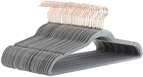 Amazon Basics Confezione da 50 grucce sottili con superficie antiscivolo in velluto, grigio/oro rosa