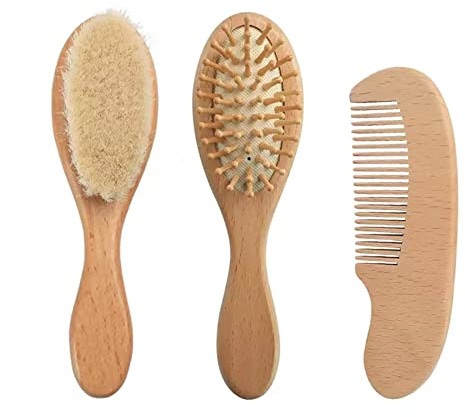 PandaEar Babyhaarbürste und Kamm für Neugeborene | Natürliche hölzerne Haarbürste mit weichen Ziegenborsten, Birnenholzkamm und hölzerner Massagebürste für Säugling, Kleinkind, Kinder