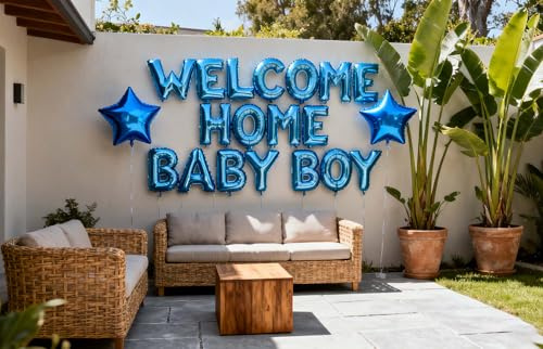 Fechy Welcome Home Baby Boy Banner Ballon mit Stern Folienballon für Herzlich Willkommen Zuhause Baby Jungen Familie Partei Babyparty Boy Luftballons Dekoration(Blau)