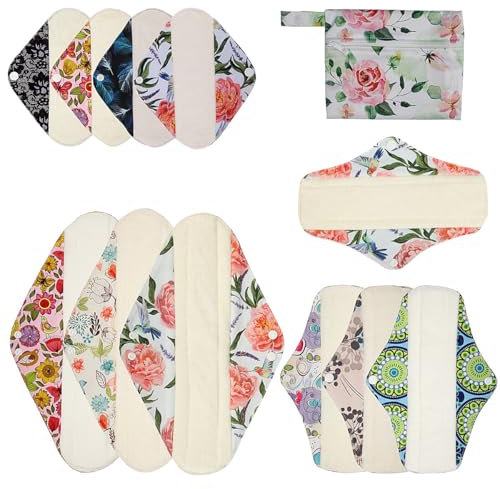 ReUseLife 12 Pack Cloth Menstrual Pads,Reusable Sanitary Pads,4 Pieces Panty Liners + 4 Pieces 10 Inch Regular + 3 of 14 Inch Overnight and 1 of Mini Bag,Unscented