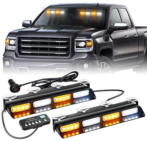 XRIDONSEN Emergency Dash Strobe Lights Safety Flashing Warning Hazard Lights Interior Front/Rear Windshield Traffic Advisor Light Bar for Tow/Plow Trucks Construction Vehicles (2x14 inch, Amber White)